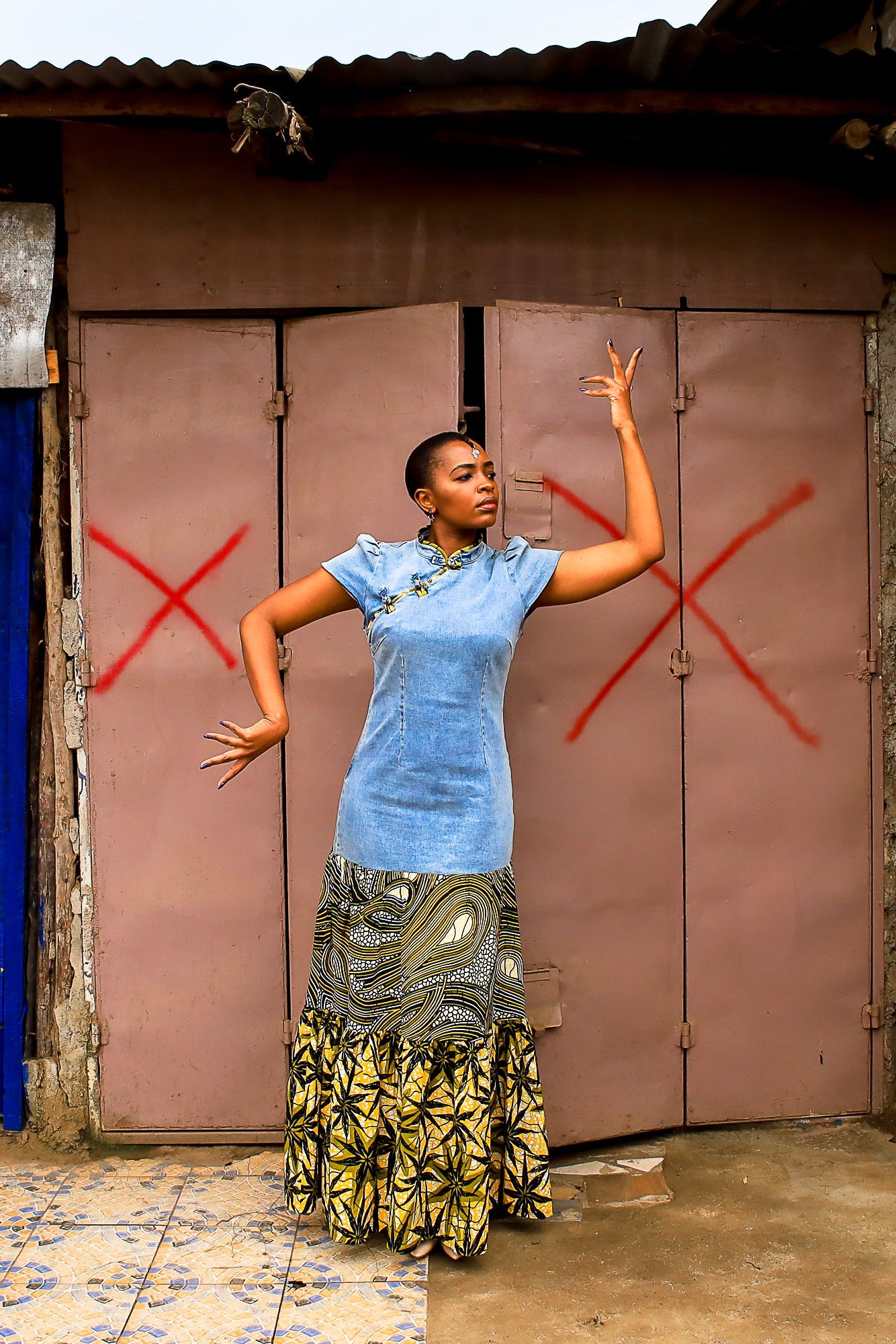 The Mandarin Collar Mini Dress with Kanga Trumpet