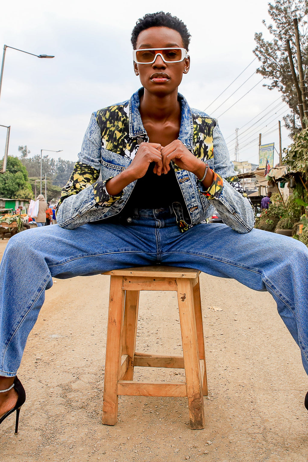 The Floral Kanga Cropped Denim Jacket
