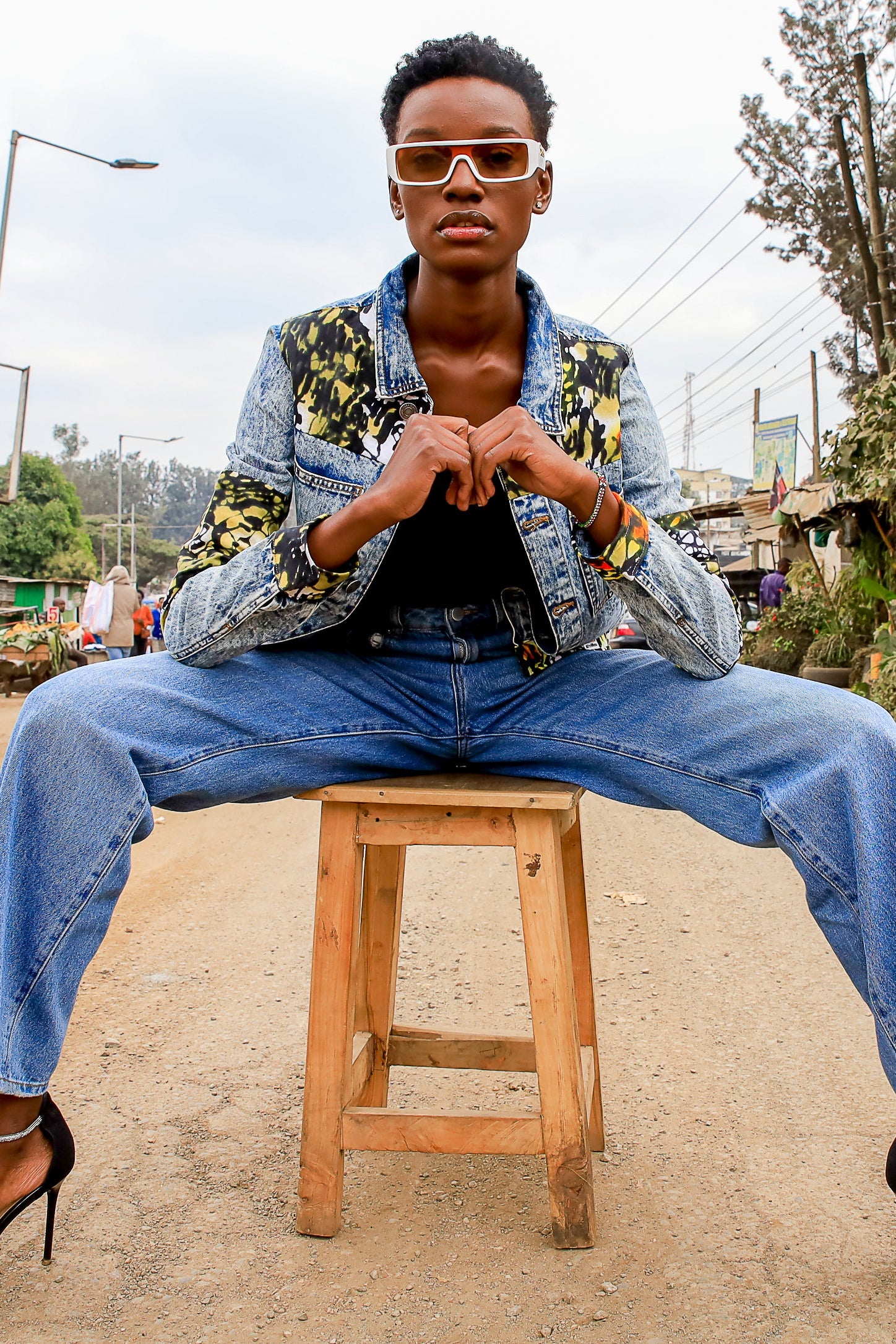 The Floral Kanga Cropped Denim Jacket